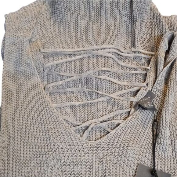 Sans Souci XL Sweater V-Neck Sleeveless Knit Top Lace-Up Back Gray Lightweight - Picture 9 of 12